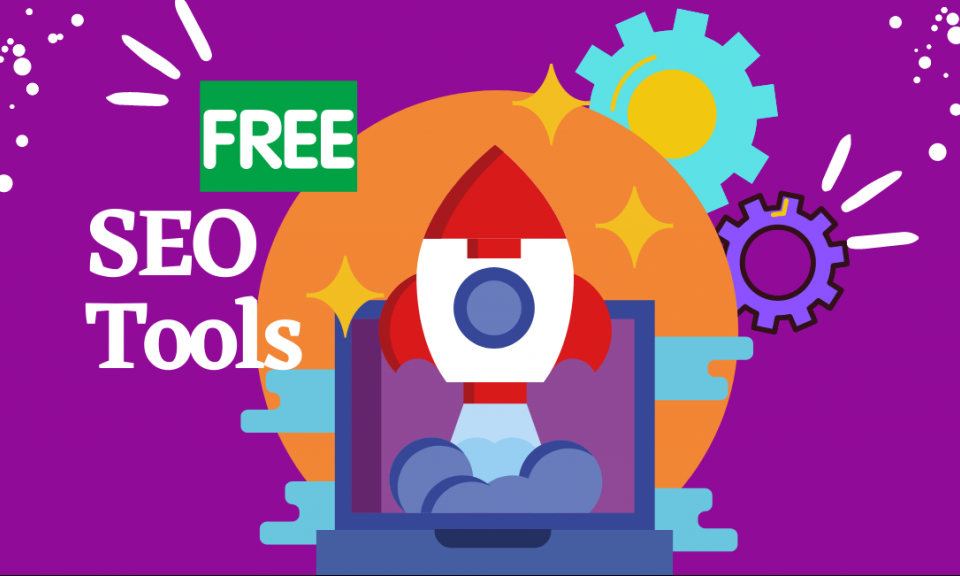 An exciting illustration that shows a rocket on a purple background with a text at the side that says Free SEO Tools