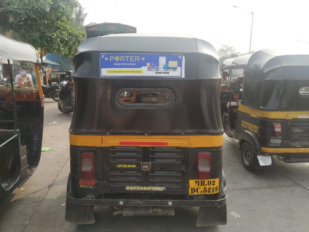 Transit advertising, auto rickshaw hoarding in Mumbai, Goregaon, Porter brand.