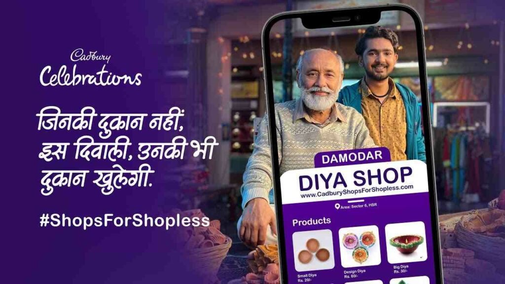 #shopforshopless cadburys marketing campaigns's #ShopForShopless marketing campaign featuring a local seller and a youngster promoting Damodar Diya Shop online appears in this image.