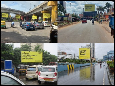 This image shows an OOH advertising campaign by Square Yards in different locations with attention-capturing messages