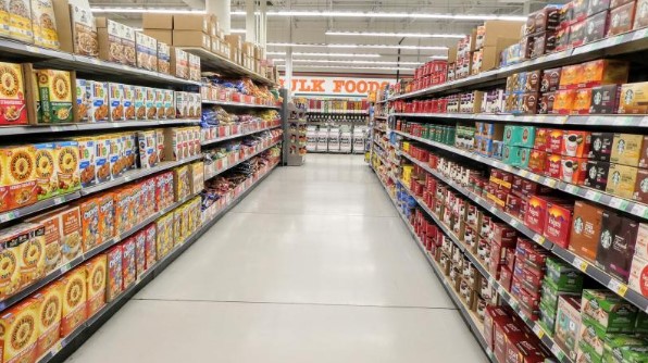 An aisle of products in a grocery store