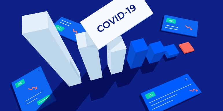 This image shows an advertising graph on a blue background with COVID-19 written in a white box