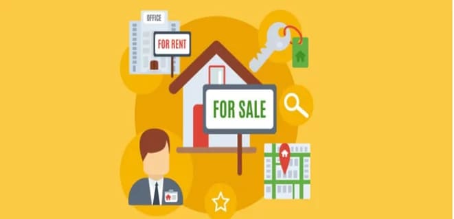 This image depicts a person and some properties for rent and sale