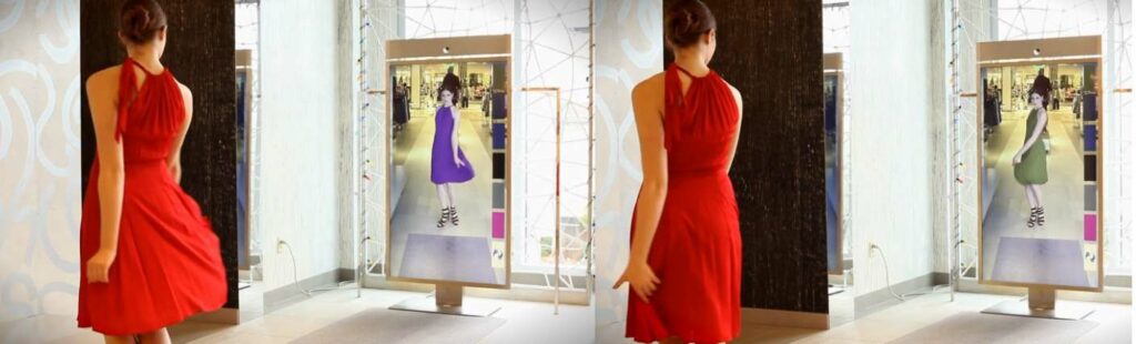 This image shows a woman trying a dress using an augmented reality mirror screen in a store