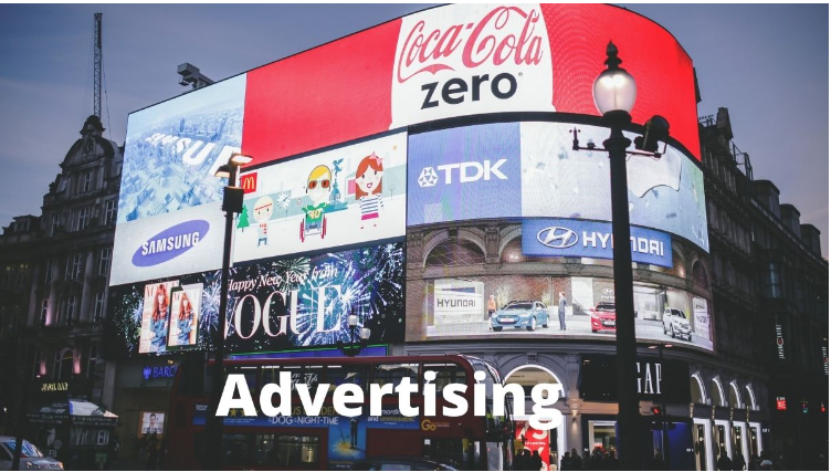 A billboard with a lot of advertisements 