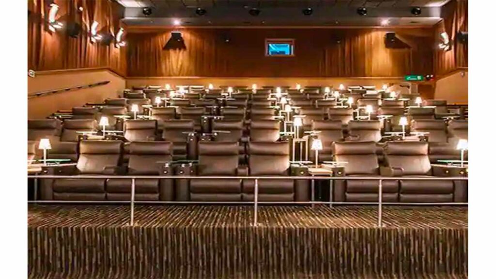 A cinema hall with brown seats
