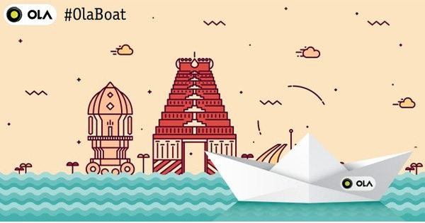 An illustrated image of a paper boat with the Ola logo and a backdrop featuring famous landmarks of Chennai