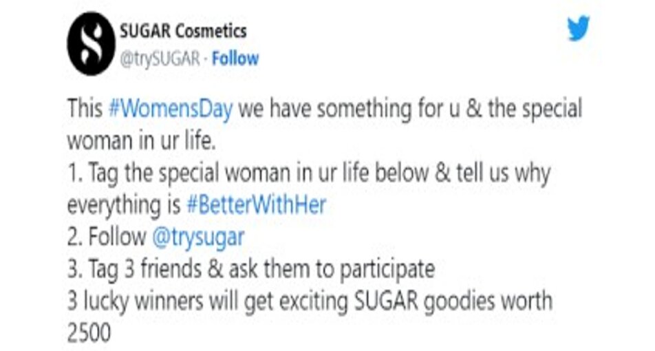 This is a picture of Sugar Cosmetics’ Twitter handle tweeting about the campaign

