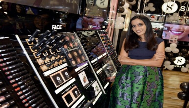 This image shows Vineeta Singh in a Sugar Cosmetics store