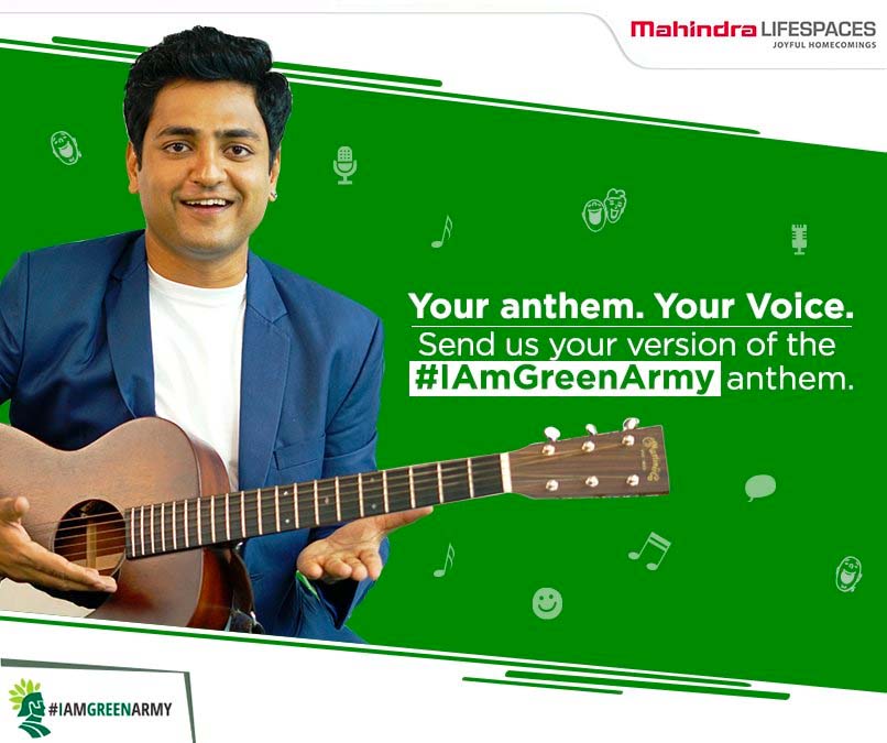 Indian stand up comic Kenny Sebastian posing with a guitar, with the caption “Your Anthem. Your Voice. Send us your version of the #IAmGreenArmy anthem.”
