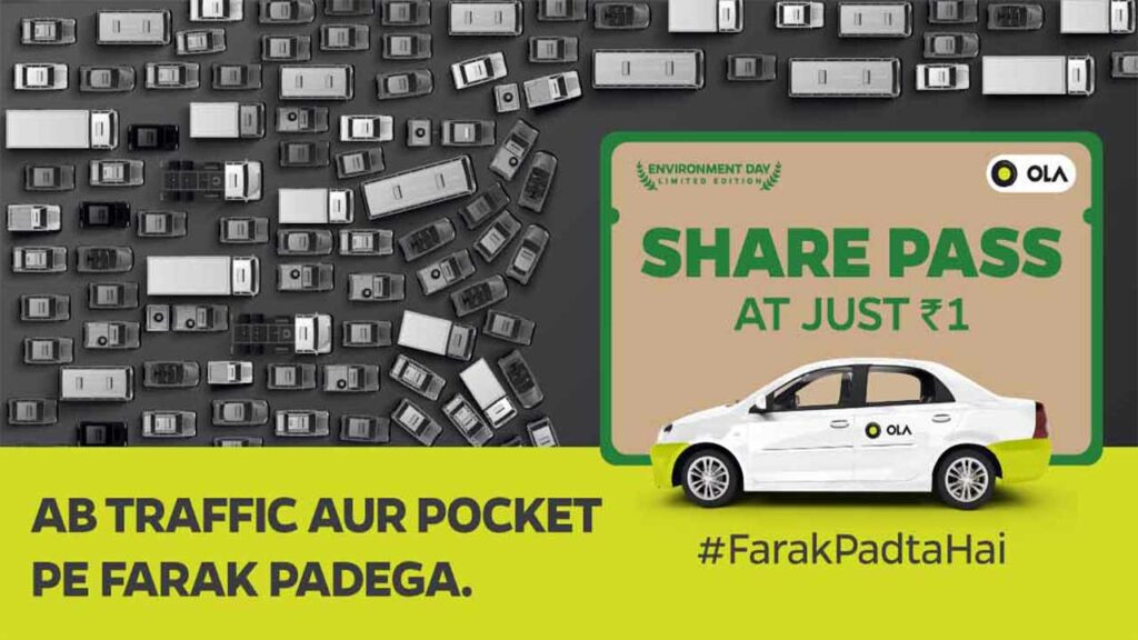 The Ola share pass advertisement featuring a cab with the Ola logo and the tagline #FarakPadtaHai.
