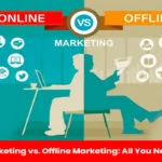 Two people sitting and accessing online and offline marketing mediums i.e. newspaper and internet.