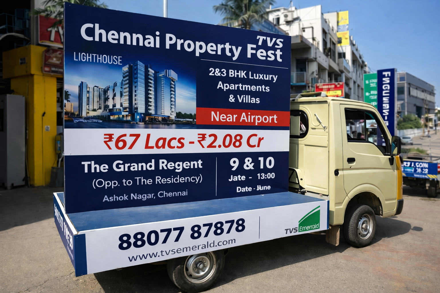 Vehicle-mounted billboard advertising a real estate property event