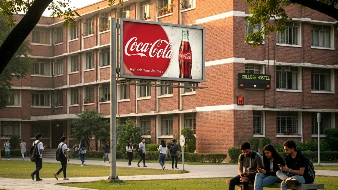 Coca-Cola billboard placed within a college campus environment with students sitting and walking nearby. Coca-Cola billboard placed within a college campus environment with students sitting and walking nearby.