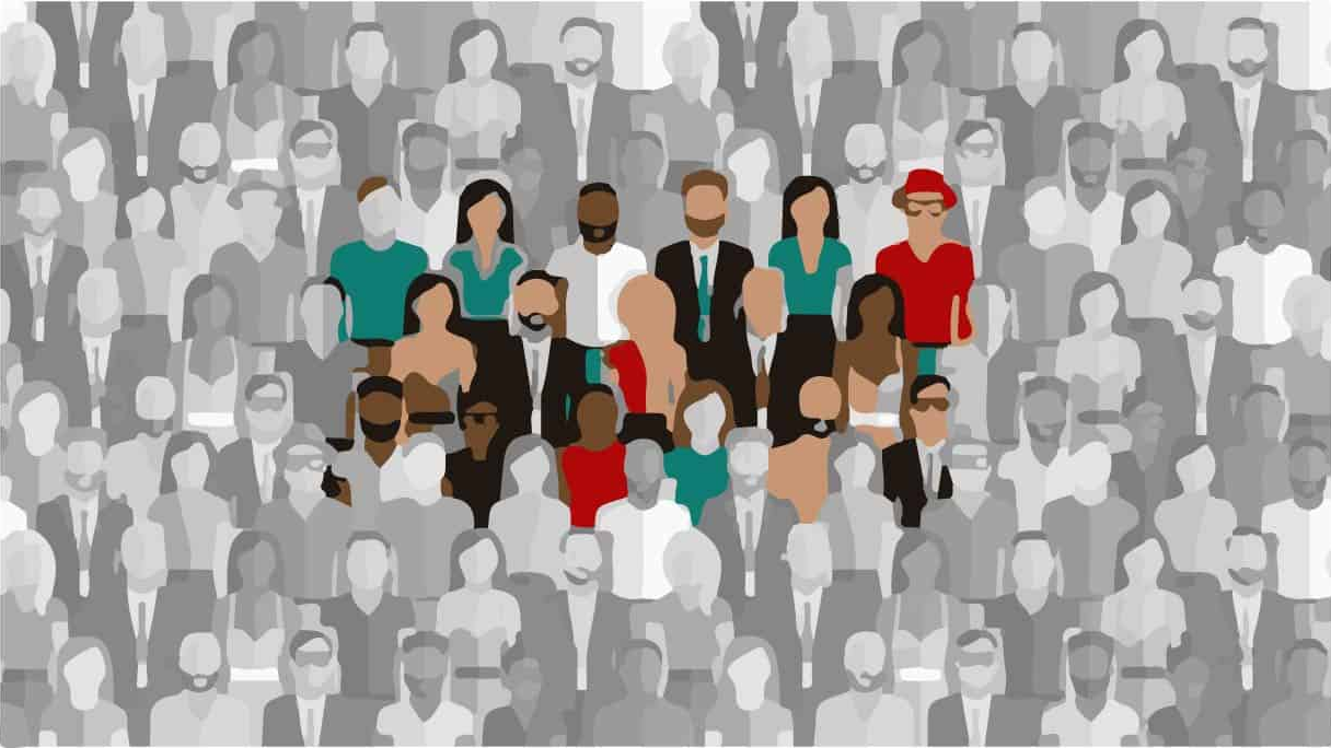 Target Audience Segmentation Concept Illustration Illustration of diverse audience group highlighted among a grey crowd representing target audience segmentation