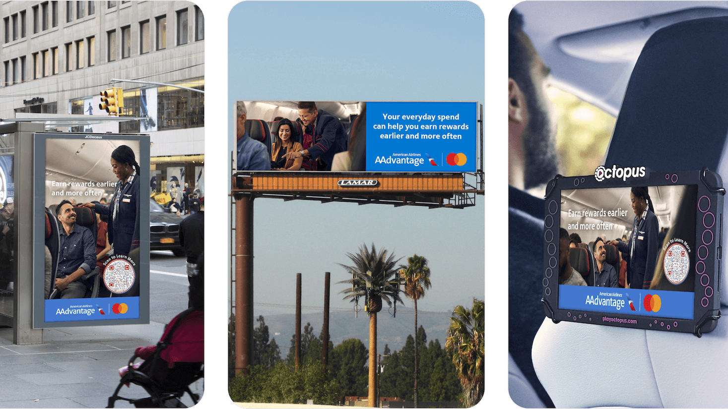 Multi-Channel Out-of-Home Advertising Formats Examples of out-of-home advertising including bus shelter display, roadside billboard, and in-car digital screen ads