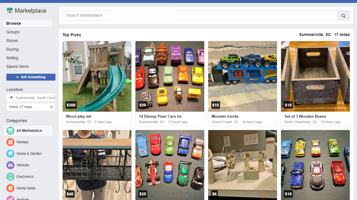 Facebook Marketplace product listings for buying and selling items online Facebook Marketplace interface displaying product listings for toys, furniture, and home items in an online marketplace