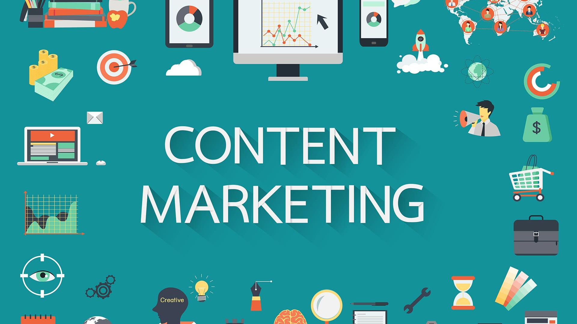Content marketing strategy with digital channels, analytics, and brand growth tools Content marketing concept illustration with digital marketing icons, analytics, social media, and online business elements