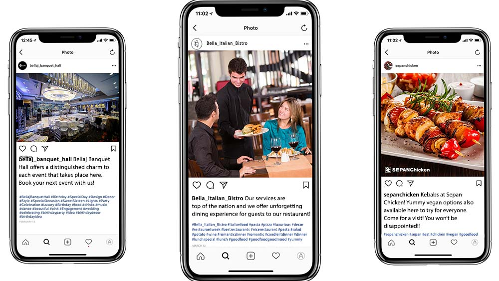 Instagram marketing examples for D2C food and restaurant brands Mobile screens displaying Instagram posts for restaurants and food brands showcasing social media marketing for D2C brands