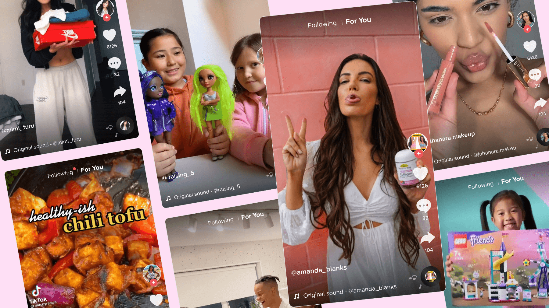 Influencer marketing and short-form video strategy for D2C brands Collage of TikTok influencer videos featuring product promotions and user-generated content for D2C brand marketing