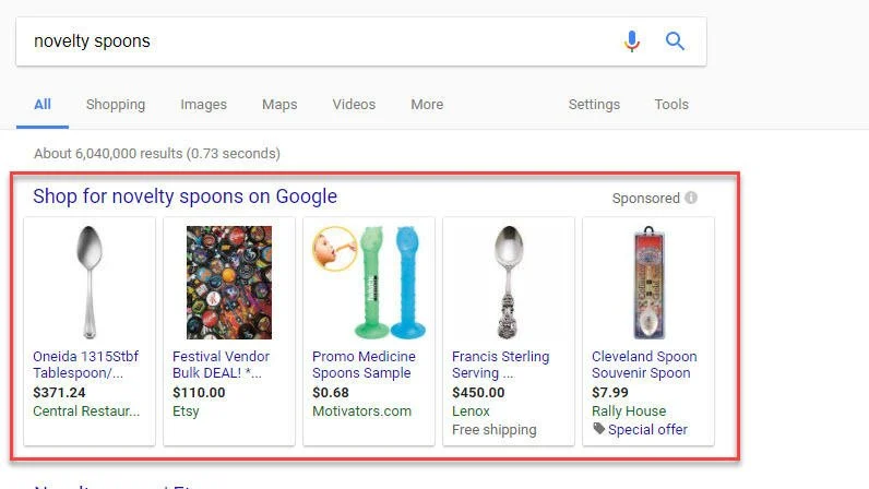 Google search results showing shopping ads for novelty spoons highlighting paid search and eCommerce marketing strategy Google search results showing shopping ads for novelty spoons highlighting paid search and eCommerce marketing strategy