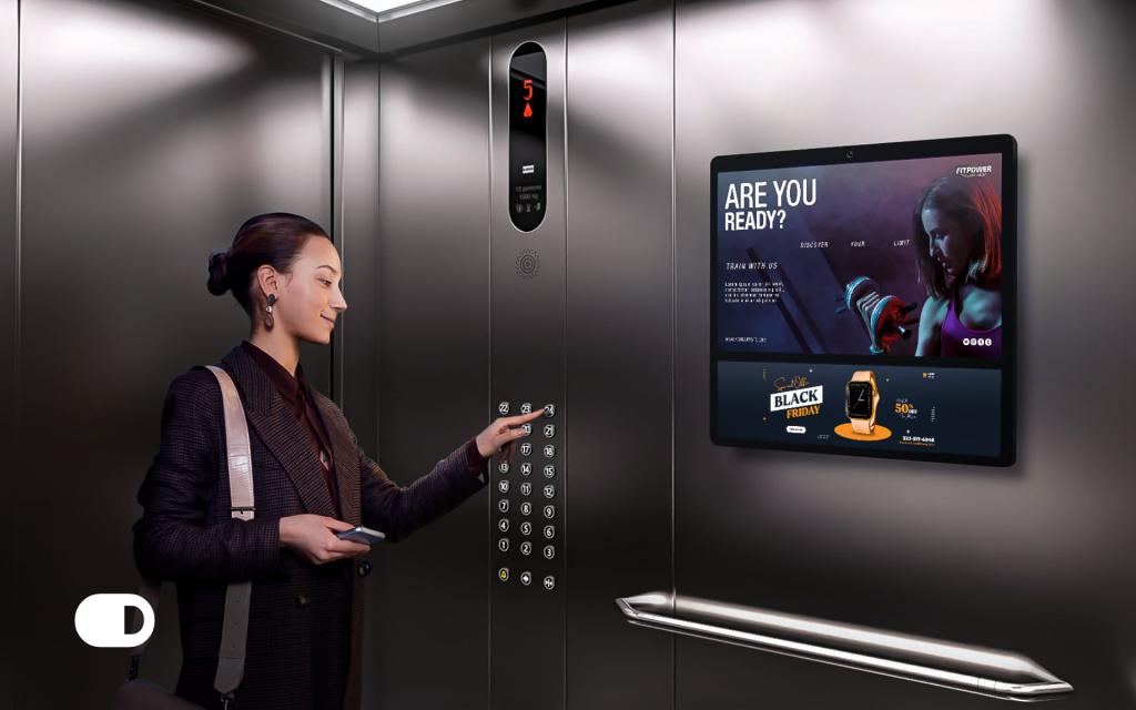 Elevator Digital Advertising Display with Promotional Content Interactive digital screen inside an elevator displaying fitness and Black Friday promotional advertisements while a woman selects a floor.