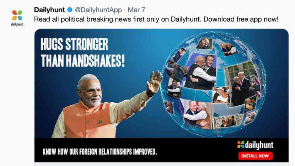 Dailyhunt Political News App Promotional Tweet on India Foreign Policy | Social Media Campaign Dailyhunt tweet featuring a political promotional graphic about India's improved foreign relations with text Hugs Stronger Than Handshakes