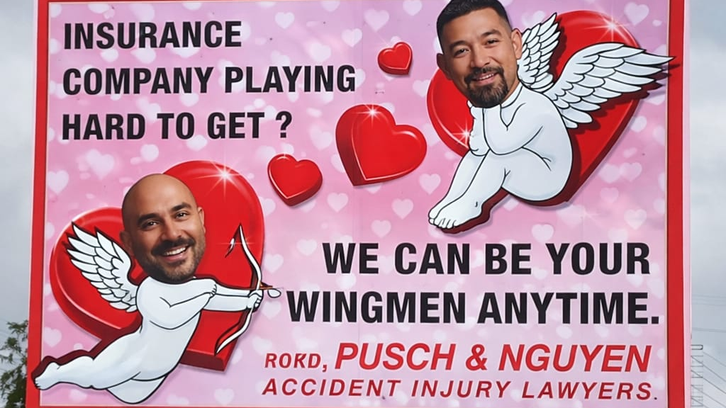Humorous Insurance Billboard Campaign Insurance billboard using cupid wingmen concept for humorous legal advertising