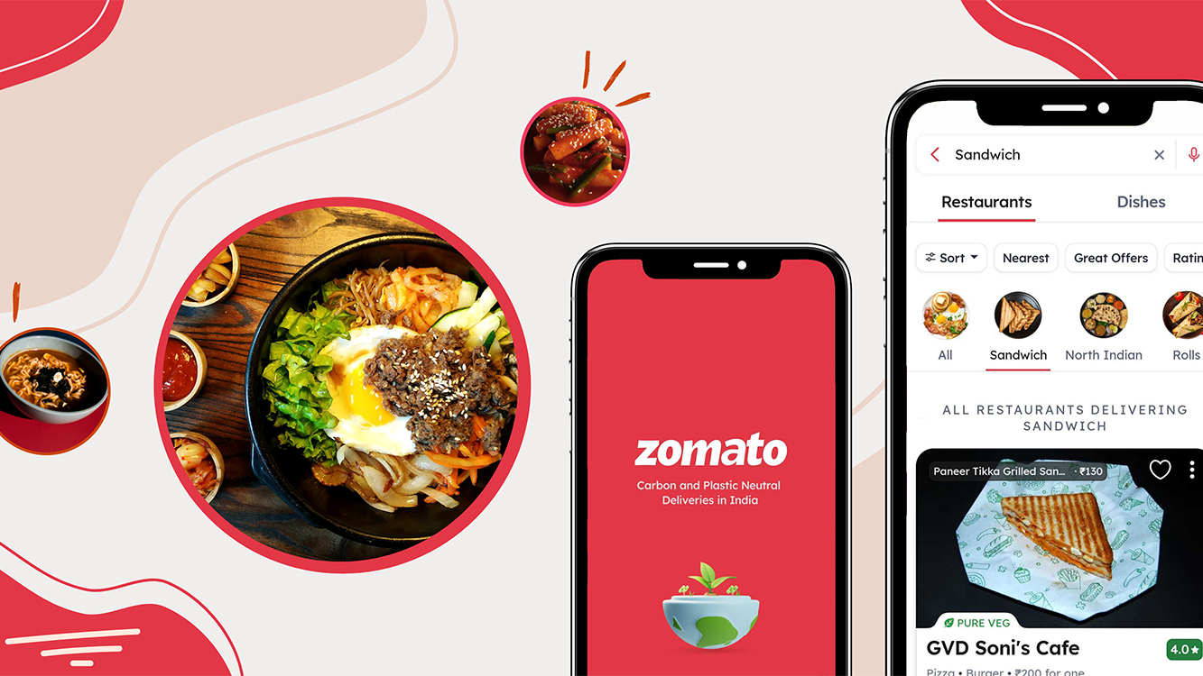 Zomato Food Delivery App Interface with Restaurant Listings and Food Images Promotional graphic showing the Zomato mobile app interface with food images and a sandwich search page highlighting restaurant listings and online food delivery options.