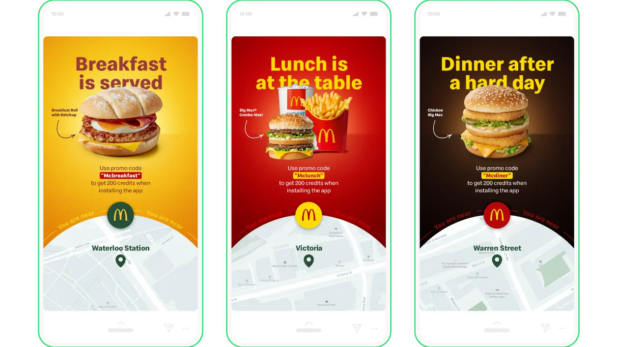 McDonald’s Location-Based Mobile Advertising Campaign Three smartphone screens displaying McDonald’s mobile ads promoting breakfast, lunch, and dinner deals based on location.