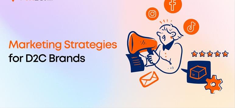 Illustration of marketing strategies for D2C brands with social media, email, and digital marketing elements