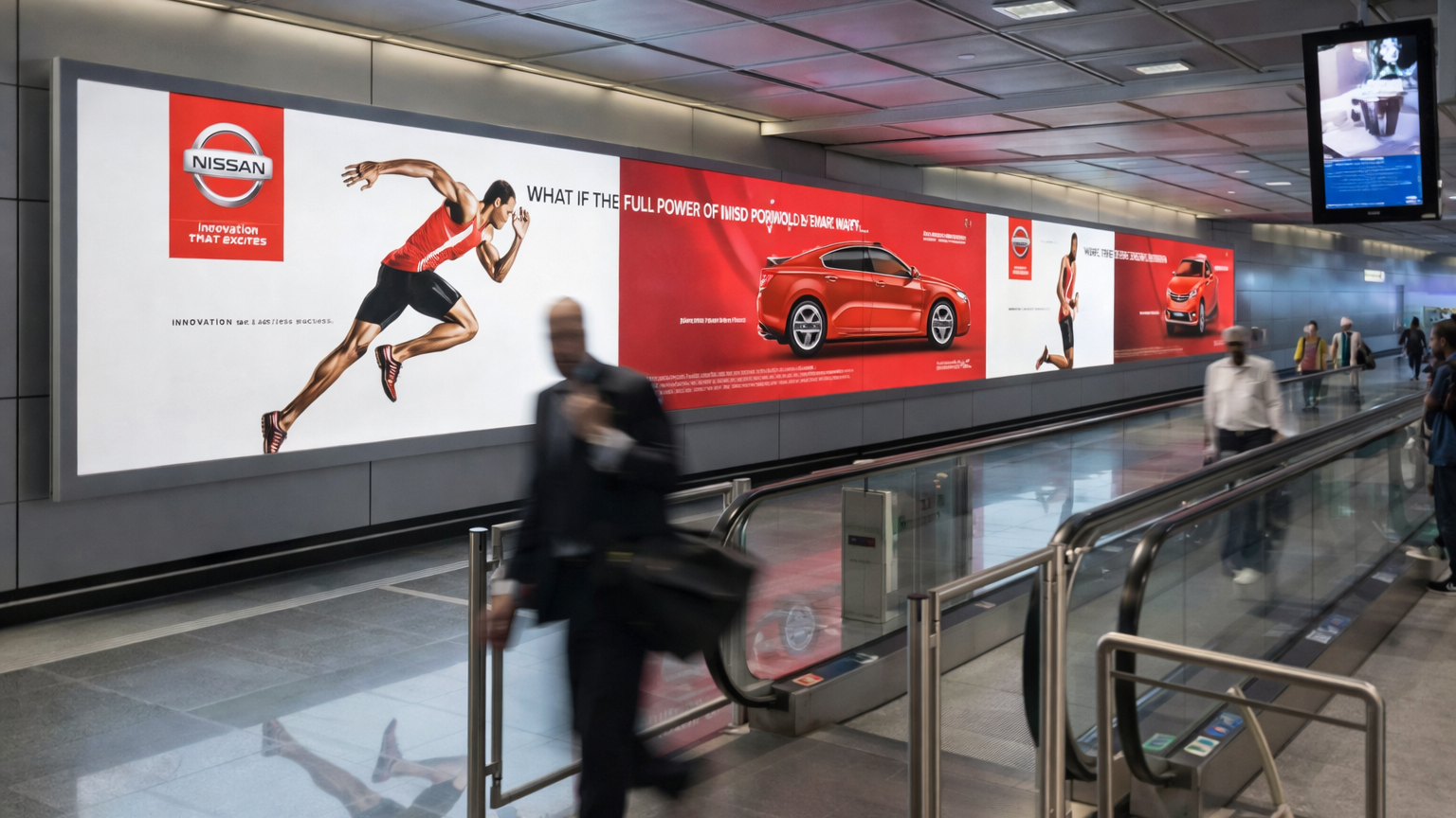 Nissan Automotive Advertising Along Airport Walkway Long corridor inside an airport with a large wall-mounted Nissan car advertisement next to a moving walkway.