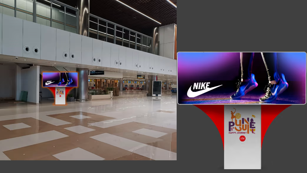Nike Digital Advertising Stand Inside Airport Terminal Freestanding digital advertising display in an airport terminal promoting Nike sports footwear near an open passenger hall.