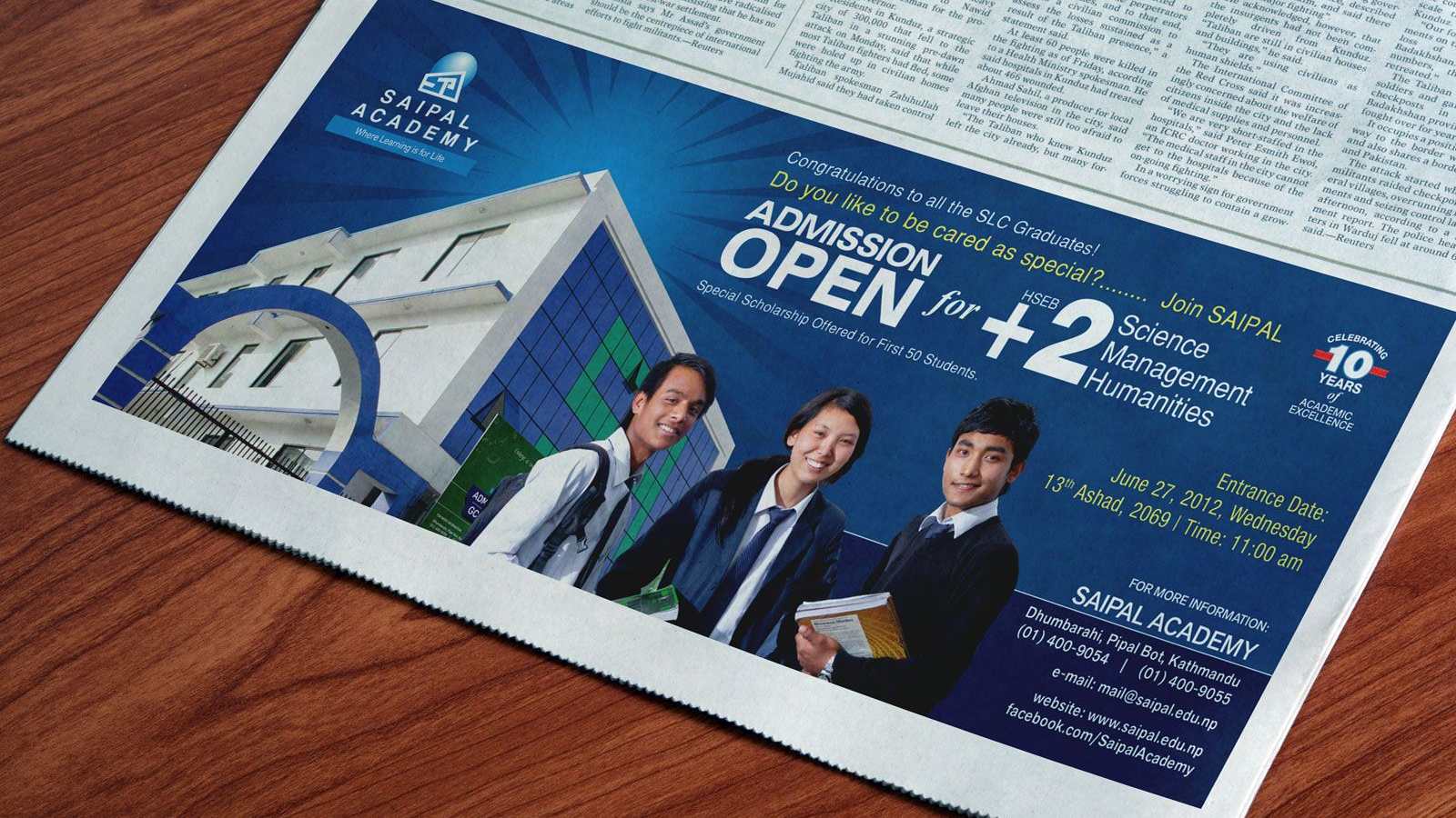 Saipal Academy Newspaper Admission Advertisement Newspaper advertisement for Saipal Academy announcing admissions open for +2 programs with students and campus visuals.
