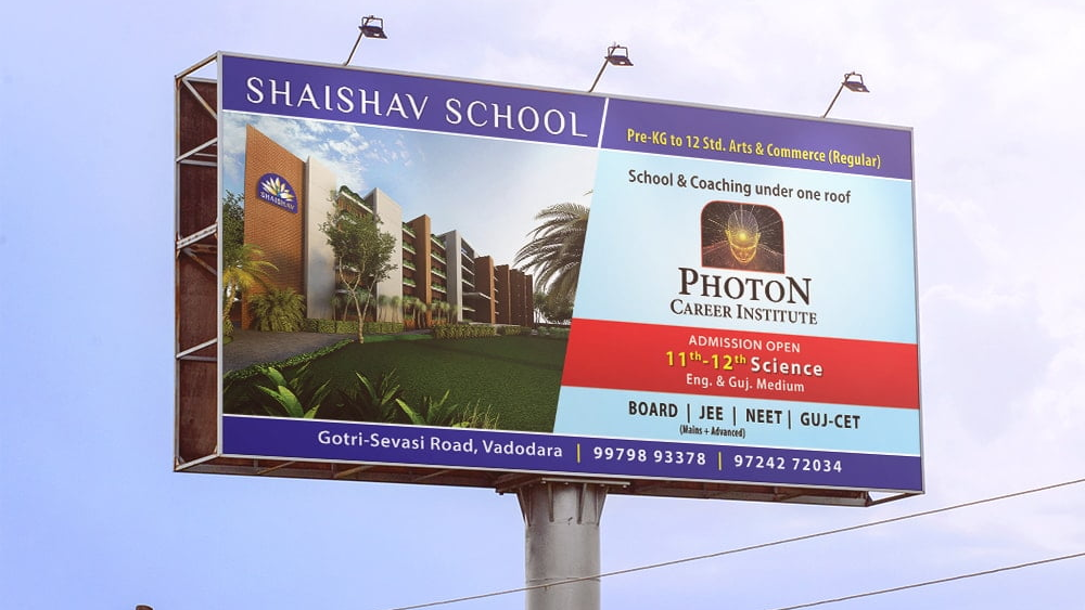 Shaishav School and Photon Institute Billboard Advertisement Large roadside billboard promoting Shaishav School and Photon Career Institute admissions with campus imagery and course details.