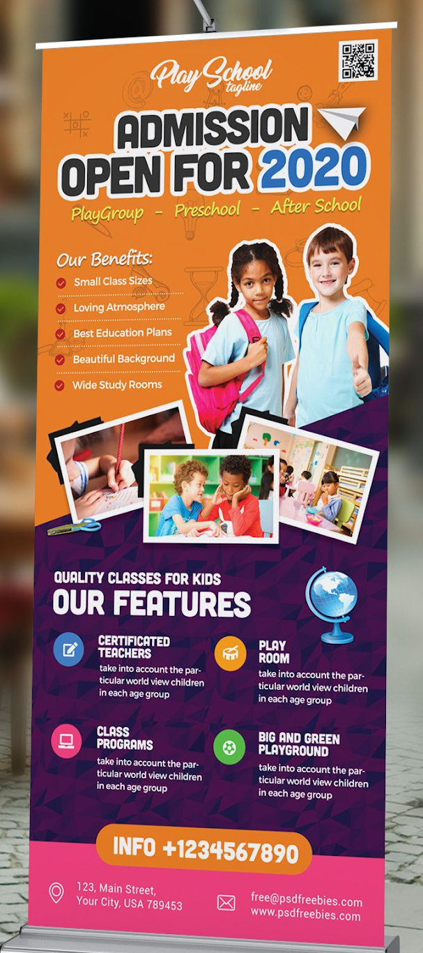 Play School Admission Roll-Up Banner Vertical roll-up banner advertising play school admissions with images of children and key features of the institution.