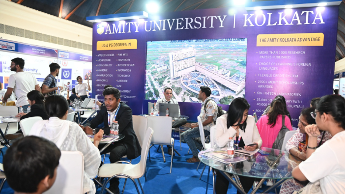 Amity University Kolkata Education Expo Stall Exhibition booth of Amity University Kolkata at an education fair with students interacting and informational displays.