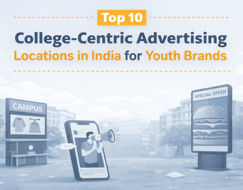 Illustration showing college-centric advertising with a smartphone, campus kiosk, and outdoor display promoting youth-focused brands in India.