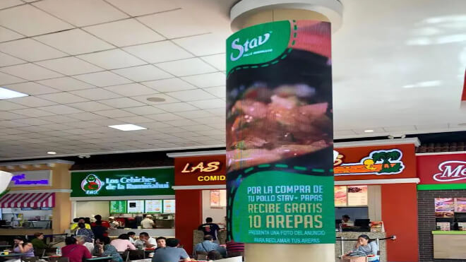 Pillar Wrap Advertising in High Footfall Food Court Area pillar wrap advertising in mall food court with vertical digital display branding